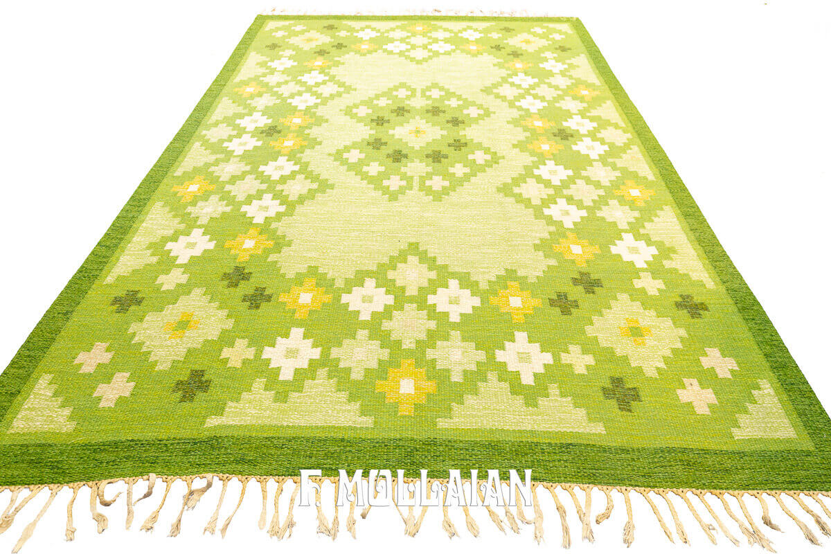 Greenish Signed Rollakan Swedish Wool Kilim n°:512174